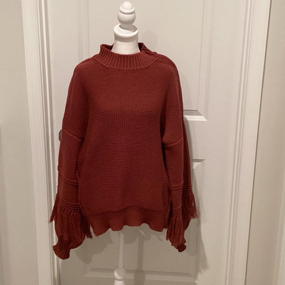 Women's Rust Cowl Neck Fringe Sweater - Picture 2 of 6